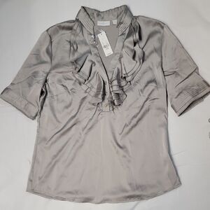 NWT New York & Company Silver Blouse with Ruffled Neckline